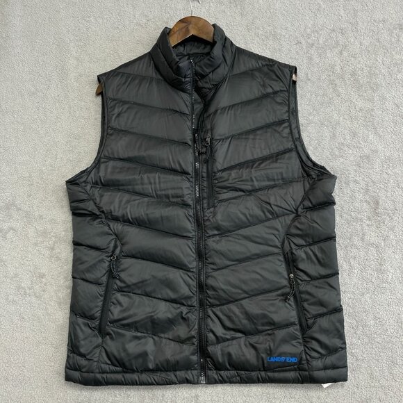 NEW Lands' End Men's M Packable Down Puffer Vest Black Full Zip Mock neck - Picture 1 of 8